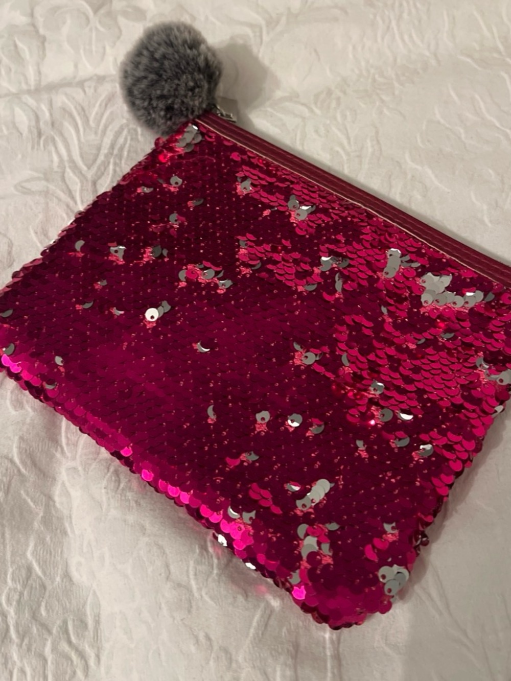 BH Cosmetics Sequin Zip Pouch in Hot Pink with Grey Pom
